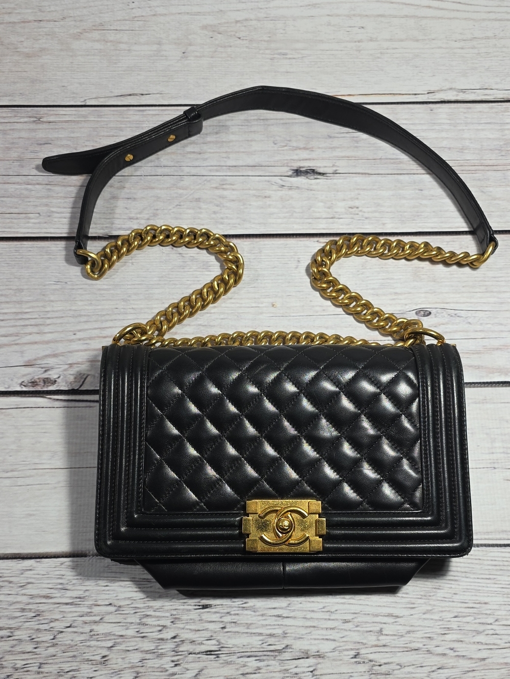 CHANEL Black Quilted Leather Shoulder Bag with Gold Hardware